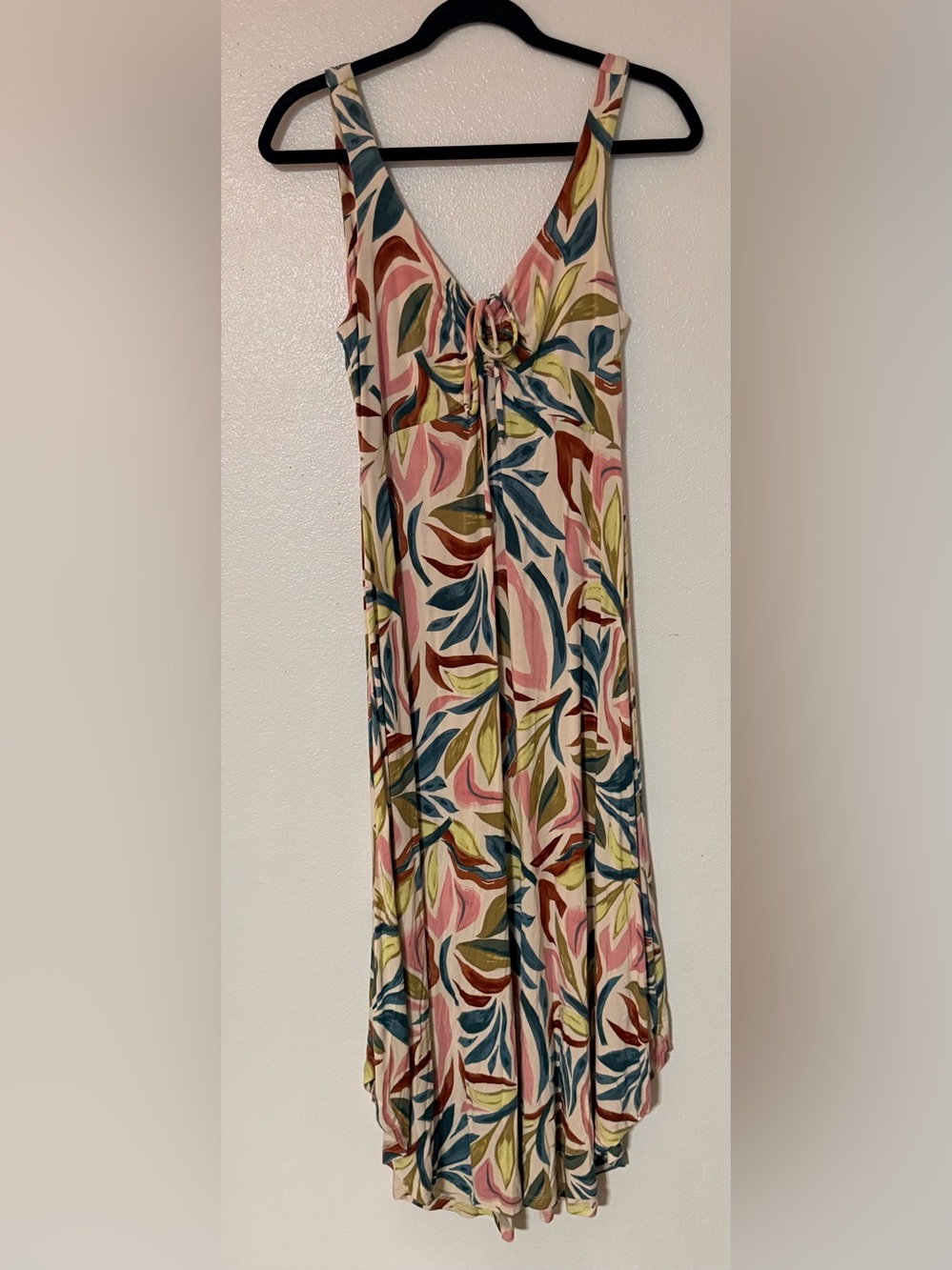 Z SUPPLY FLORAL LEAF PRINT MAXI DRESS SIZE M RUCHED TIE FRONT BOHO